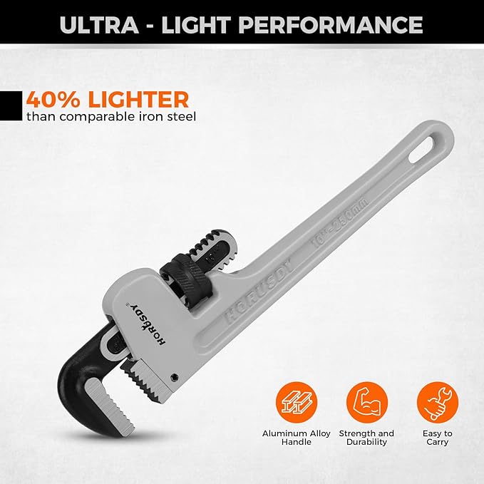 HORUSDY 10-Inch Aluminum Pipe Wrench, Heavy Duty Adjustable Plumbing Wrench for Pipe Fittings, Lightweight 250mm Gray Pipe Tool, Strong Grip & Durable Design for Home and Professional Use
