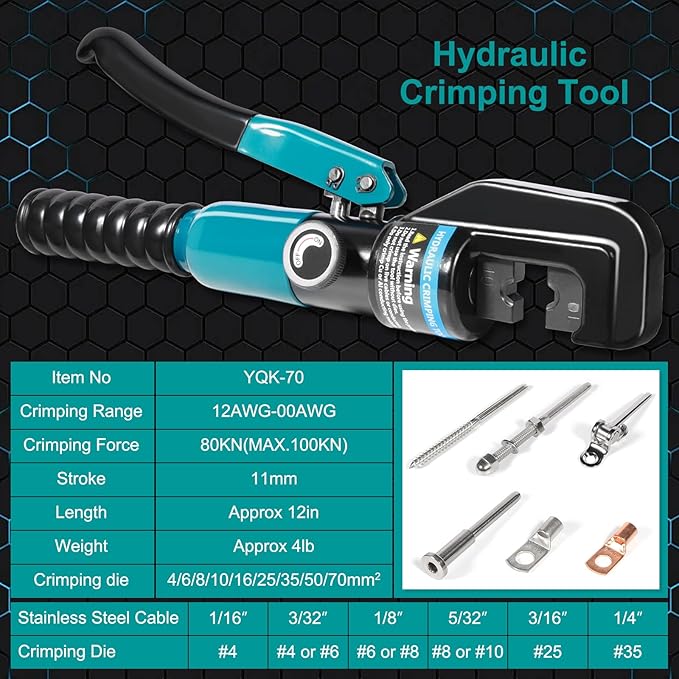 10 Tons Hydraulic Crimping Tool with 9 Dies - Battery Cable Crimper Tool & Wire Rope Crimping Tool for 12 to 2/0 AWG, 1/16" 1/8" 3/16" Stainless Steel Cable Railing Tool