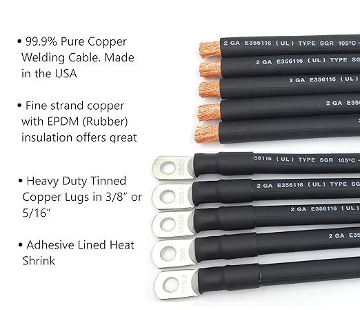 2 AWG Gauge Premium Battery Cables, Made in The USA, Positive or Negative, Red or Black, Replacement Battery Cables for Car, Truck, RV, Solar (12ft - 5/16" Lugs, Black)