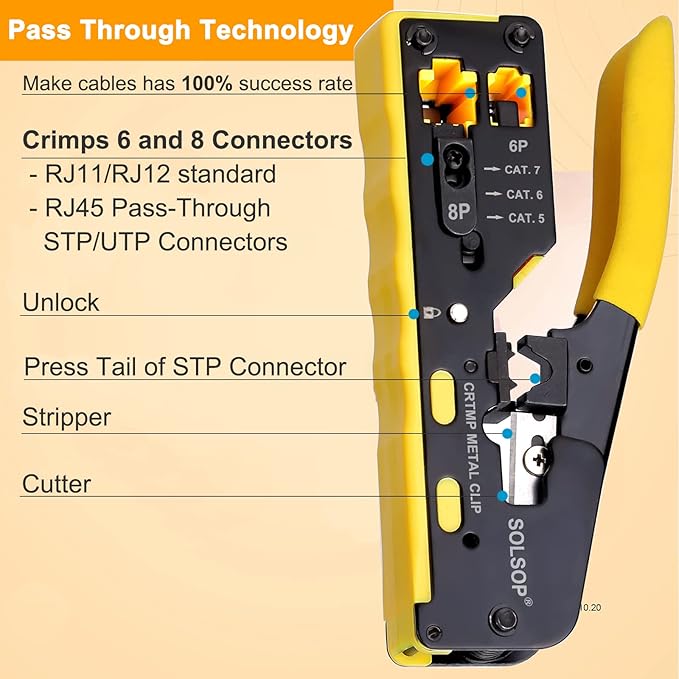 Solsop Pass Through RJ45 Crimp Tool Kit All-in-One Ethernet Crimper Cat7 Cat6 Cat5 Crimping Tool with Network Cable Tester, 50-Pack Cat6 RJ45 Pass Through Connector, 50-Pack Connector Boots