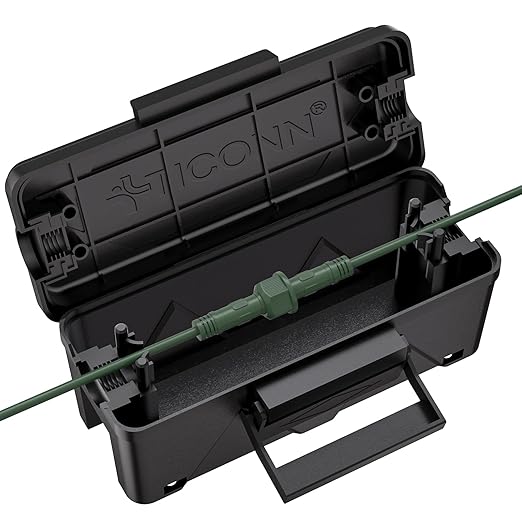 TICONN Outdoor Electrical Box, IP54 Splash-Proof Outdoor Extension Cord Cover, Protects Power Strip, Plug, Socket, Timer, Holiday Lights (Black, Small)