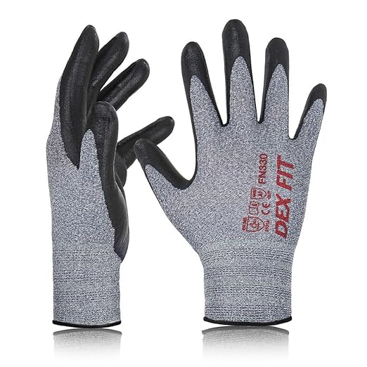 DEX FIT Nitrile Work Gloves FN330, 1 Pair, 3D-Comfort Stretchy Fit, Firm Grip, Thin & Lightweight, Touch-Screen Compatible, Durable, Breathable & Cool, Machine Washable; Grey XL (10)