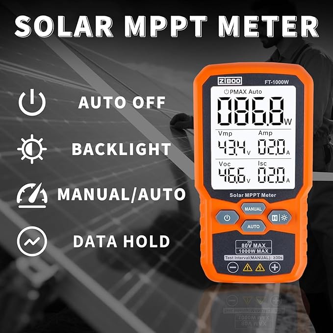 ZIBOO FT-1000W Solar Panel Tester MPPT Meter - 1000W Max Power, 80V/35A PV Module Tester for Voc/Isc, Open Circuit Voltage & Short Circuit Current, with Backlight & Data Hold