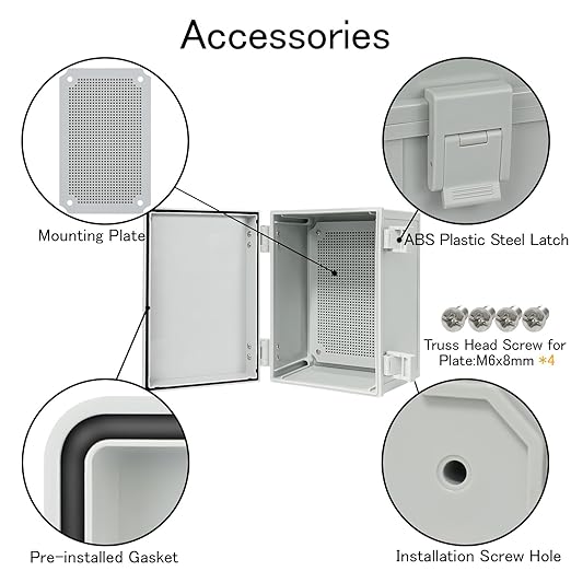 Junction Box IP65 Waterproof Electrical Box Outdoor ABS Plastic Project Box Hinged Shell Universal Enclosure Box with Mounting Plate, Wall Brackets, Cable Glands 11.8"x 7.9" x 7.1"