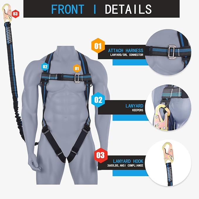 Safety Harness Fall Protection Kit - 3 Pt Full Body Safety Harness with 6 FT Internal Shock Absorbing Lanyard & Snap Hook, for Roofing Construction & Scaffolding Use, ANSI OSHA Compliant