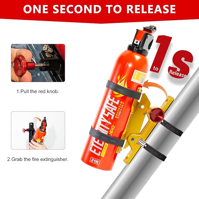 Quick Release Fire Extinguisher Mount – Gold Adjustable Aluminum Roll Bar Bracket Compatible with Car Jeep Wrangler (TJ/JK/JL/JKU), UTVs (Polaris RZR, Ranger, Can-Am X3), Trucks & Off-Road Vehicles