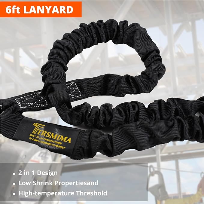 TRSMIMA Safety Harness Fall Protection - Men Construction Full Body Harness Kit for Work with Shock Absorbing Lanyard Tongue Buckle ANSI Orange