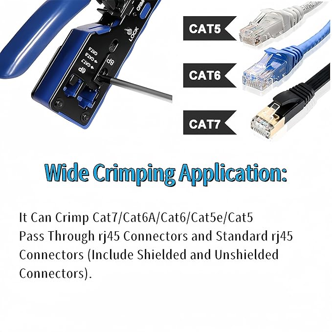 RJ45 Crimp Tool Pass Through,All-In-One Modular Ethernet Crimper for CAT7 CAT6A CAT6 CAT5E CAT5,Ethernet Crimping Tool Kit,Network Terminal Crimper Tool
