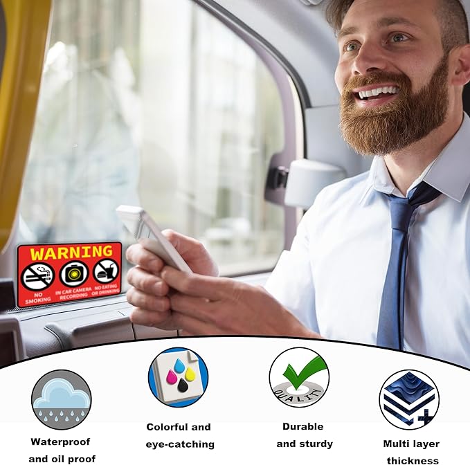 2 PCS No Smoking in This Vehicle, In Car Camera Recording, No Eating or Drinking Stickers，Waterproof and UV Resistant for Van Car SUV Taxi Driver Window Door