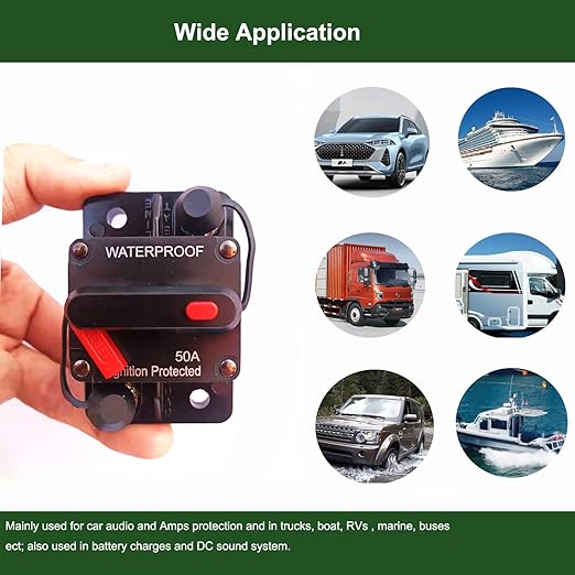 50Amp Circuit Breaker with Manual Reset, Waterproof Inline Fuse for Boat Trolling Motor Marine ATV Trailer Vehicles Stereo Audio Electronic Battery Solar System, Suitable for 12V-48V DC
