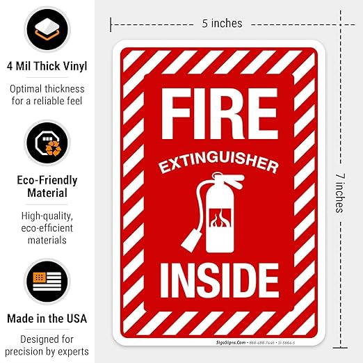 Fire Extinguisher Inside Sign, Fire Safety Sign, (4 Pack) 5x7 Inches, 4 Mil Vinyl Decal Stickers Weather Resistant UV Protected, Made in USA by Sigo Signs