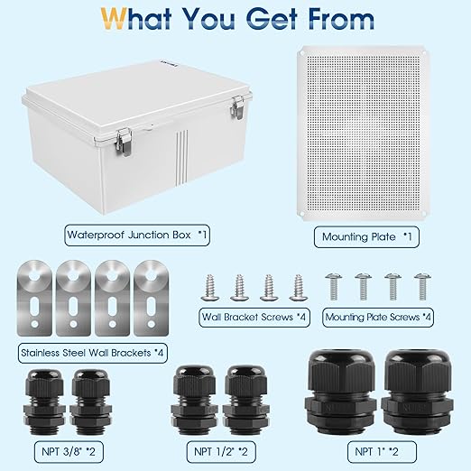 Waterproof Outdoor Project ABS Plastic Junction Box IP67 Weatherproof Dustproof Enclosure with Hinged Cover, Mounting Plate,Wall Brackets for Power Project (Grey,17.7"x13.8"x7.9")
