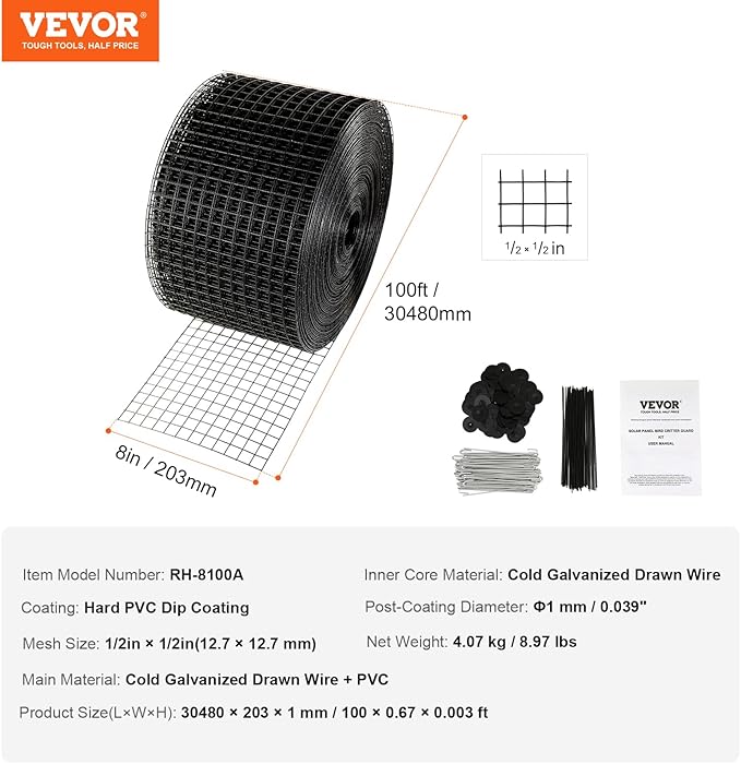 VEVOR 8 inch x 100ft Solar Panel Bird Guard, Critter Guard Roll Kit with 70pcs Durable Metal Fasteners, Solar Panel Guard with Rust-Proof PVC Coating, 1/2 inch Wire Roll Mesh