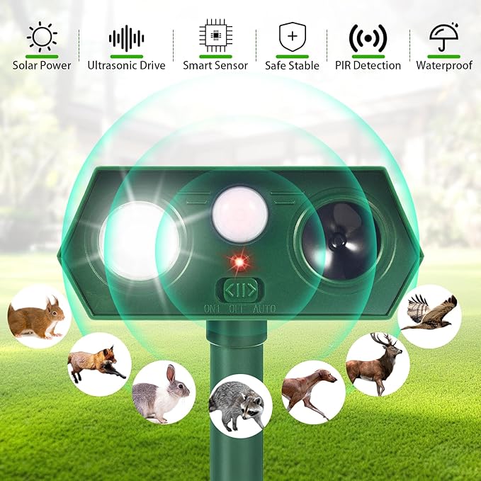 2026 Upgraded Solar Ultrasonic Animal Repeller Deer Repellent Devices with Motion Sensor & LED Strobe Cat Deterrent Outdoor to Keep Away Squirrel Rabbit Raccoon Dog for Yard, Lawn, Garden 4 Pack