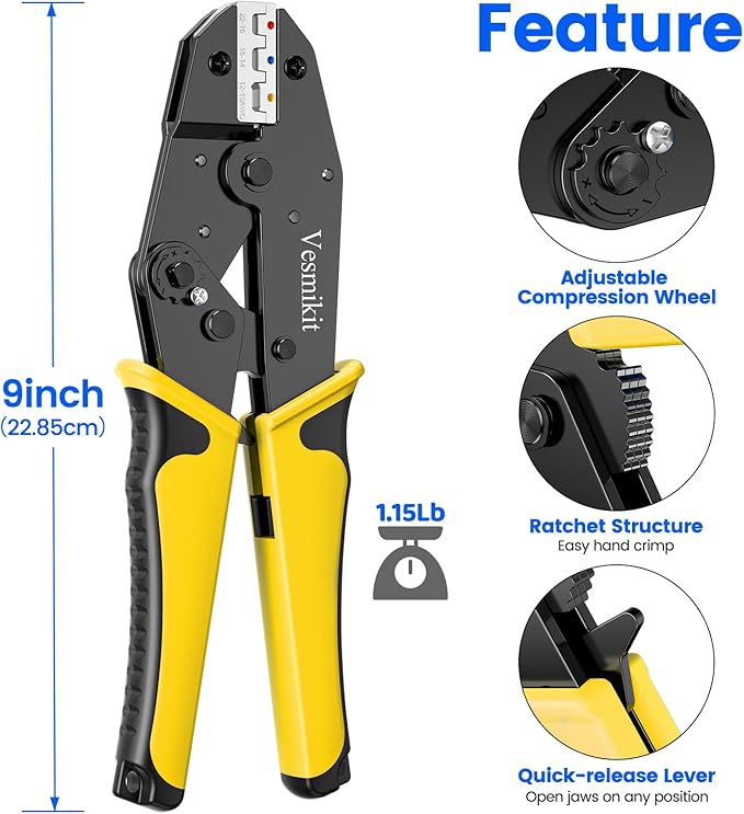 Crimping Tool Set 8PCS - Ratchet Wire Crimping Tool for Heat Shrink,Insulated Nylon,Non-Insulated,wire ferrules,Open Barrel Terminals,Solar Connectors - Crimper with 6 Interchangeable Die