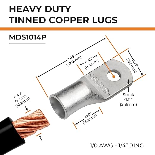 SELTERM 15pcs 1/0 AWG 1/4" Stud UL Marine Grade Battery Terminal Connectors Tinned Copper Battery Cable Lugs 0 Gauge Wire Connectors Electrical Battery Cable Ends Ring Terminals Tinned Copper Lugs