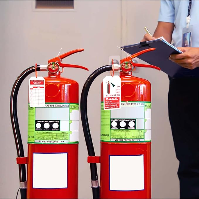 Fire Extinguisher Tags with Adjustable Wire Ties Fire Extinguisher Recharge and Inspection Record for Indoor Outdoor Fire Extinguishers, 4.2 x 2.1 Inch 50sets