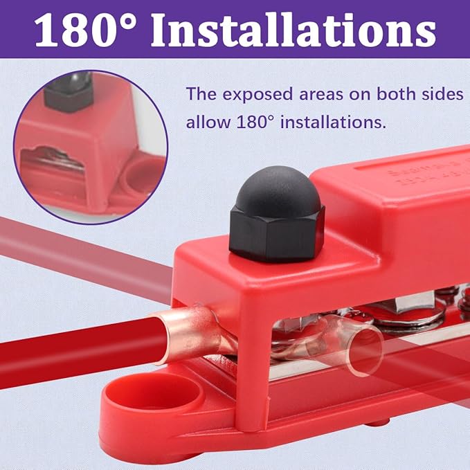 250A 12V Bus Bar Marine 12V,Power Distribution Block with Cover with 4 x 3/8”Post 6 x #8 Screws Terminals,Battery Bus Bar with 4PCS Battery Lugs and 4PCS Heat Shrink Tubing for Car Boat Solar Wiring
