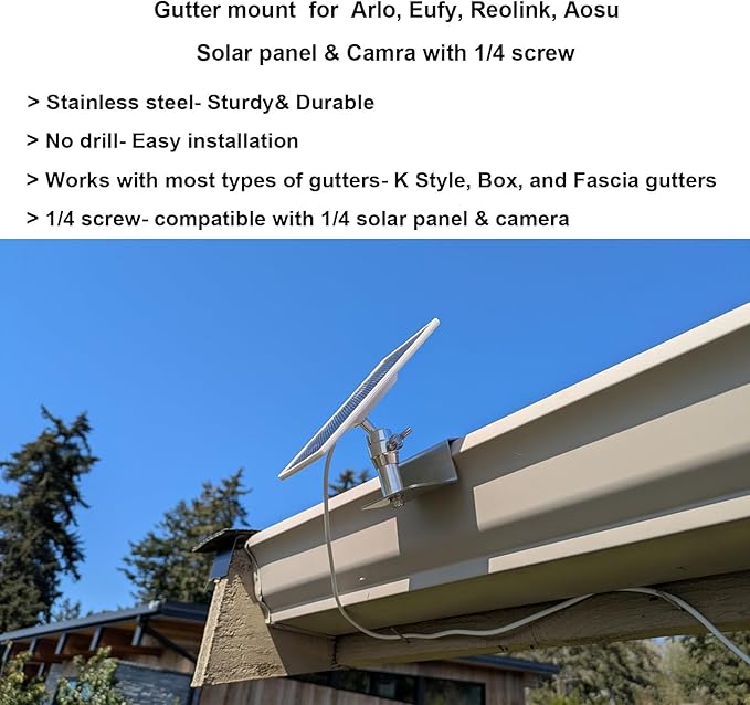 WiTi Gutter Mount for Eufy, Arlo Solar Panel , Adjustable Stainless Steel Mount Bracket to get Sun , No Drill Installation Compatible with Eufy S220 Camera