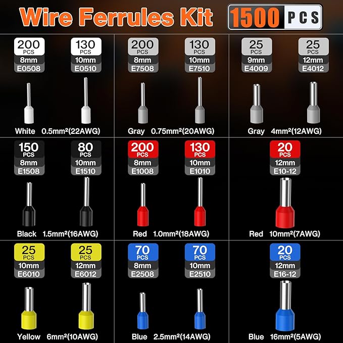 Preciva Ferrule Crimping Tool Kit with 1500PCS Wire Connectors, Ratchet Jaw Wire Crimping Pliers for AWG 28-5 Cable connectors