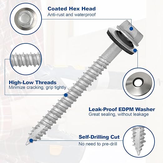 Metal Roofing Screws #14×2Inch, 320-PCS, Hex Head Rustpert Coating Sheet Metal to Wood Siding Screw with EPDM Rubber Washer, Sharp Point, Hex Socket Included
