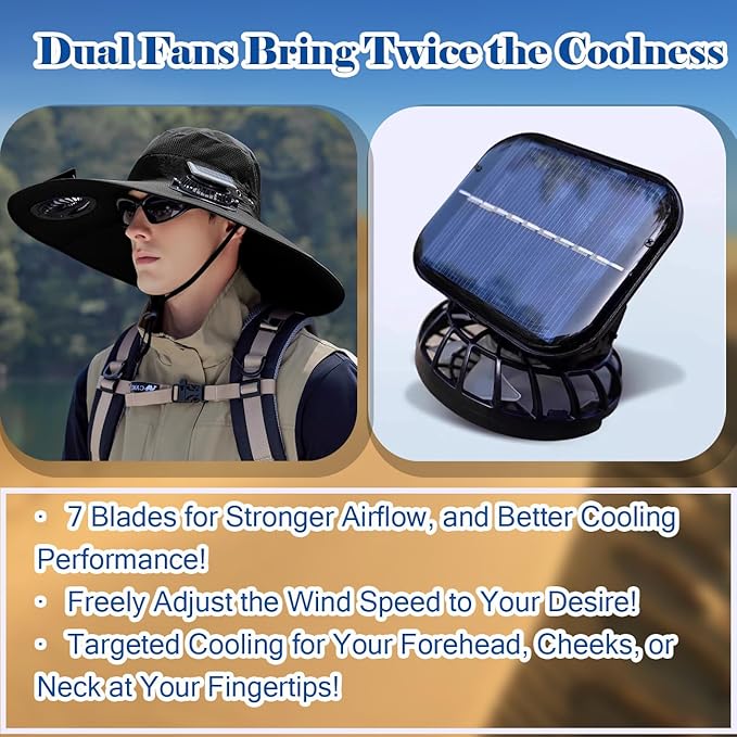 Solar Powered Fan Hat with 2 Fans,Unisex Bucket Hat,Wide Brim Sun Hat for Outdoor Fishing,Hiking,Gardening& Sunbathing