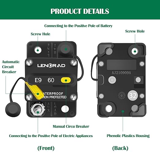 LENKRAD 60amp Marine Circuit Breaker Resettable 60A with Manual Reset Switch Button for Boat Trolling RV Yacht, 12V - 48V DC, Waterproof, Surface Mount(60 Amp Boat Circuit Breaker)