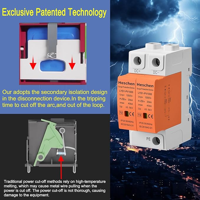 Heschen Surge Protective Device for PV, LYD1-PV1000, 2P 1000VDC 20-40KA, 35mm DIN Rail Mounting, for Lightning Protection Power Distribution and Control Appliances (2)