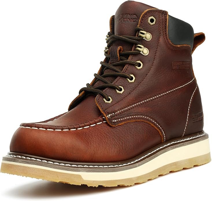 Moc Toe Work Boots for Men Waterproof Soft/Steel Toe Comfortable Full Grain Leather Non Slip Wedge Outsole Construction 6" Workboots