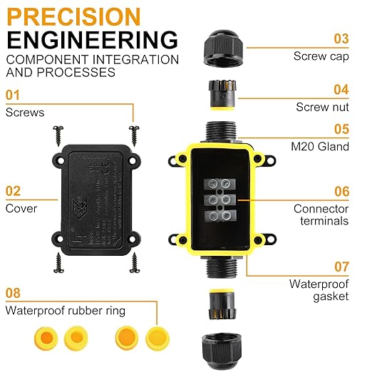 IP68 Waterproof Junction Box,2-Way Outdoor Waterproof Electrical Box with 2 Cable M20 Gland Wire Connector Electrical Junction Box for 4-12mm Diameter Cable, Black