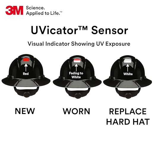 3M Hard Hat SecureFit H-812SFV-UV, Black, Vented Full Brim Style Safety Helmet with Uvicator Sensor, 4-Point Pressure Diffusion Ratchet Suspension, ANSI Z87.1
