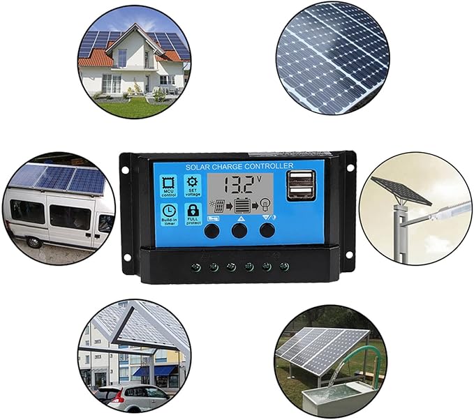 60A Solar Controller 12V 24V PWM Solar Battery Regulator with LCD Display MOSFET , Adjustable Parameters, USB Output, for 12V/24V Solar Panel System