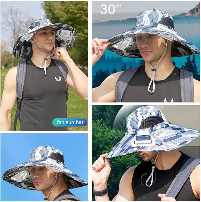 Mens Sun Hat with 2 Fan, Summer Cooling Wide Brim Bucket Hat, Beach Hat Garden Hat, Solar + USB Dual Power Supply