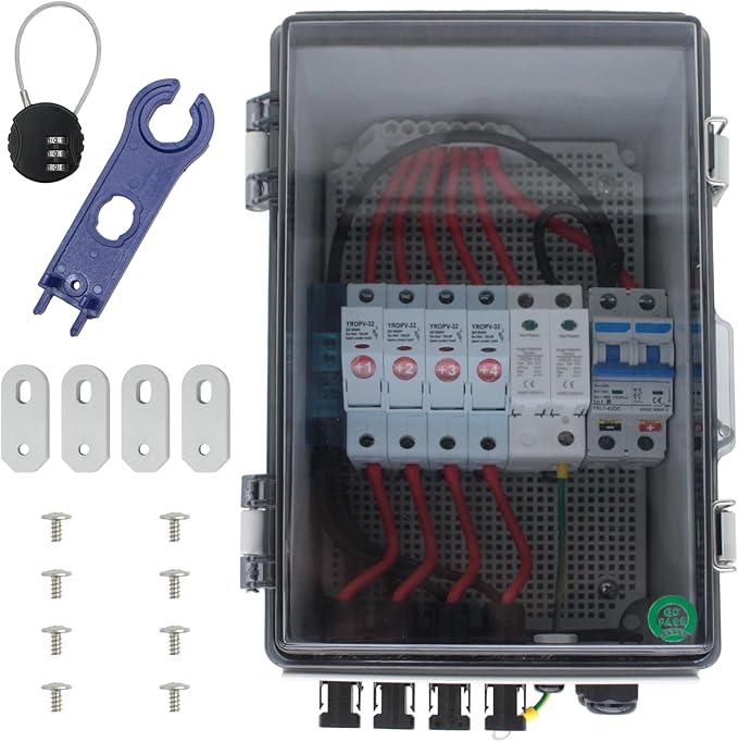 Transparent 4 String Solar Combiner Box, 550V DC Breaker, Integrated Lightning Arrester, and 15A Fuse - Ideal for Residential Solar Systems with Easy Maintenance Access