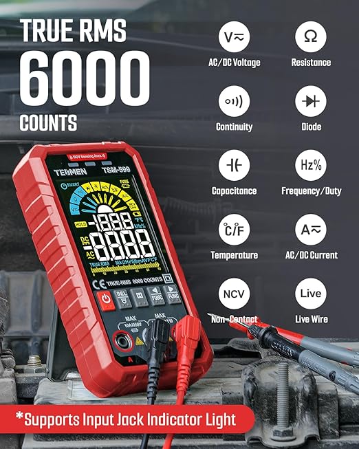 TESMEN TSM-599 Smart Digital Multimeter, Auto&Manual Measurement, TRMS 6000 Counts, Voltmeter with NCV, Voltage&Current, Resistance, Continuity, Diode, Capacitance, Hz%, Temperature, Live Wire - Red