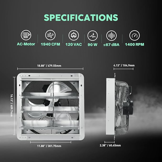 YOZON 16" Shutter Exhaust Fan with Speed Controller, Wall Mounted Wall Exhaust Fan, Automatic Shutter, High Speed, 1940CFM, Vent Fan for Garage, Greenhouse, Shed, Warehouse and Workshop - Silver