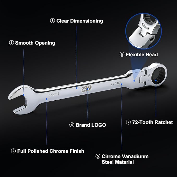 Prostormer 14-Piece SAE Flex-Head Ratcheting Wrench Set, 1/4" to 1" Combination Wrench Kit with Storage Case, 72 Tooth, Cr-V Steel Constructed