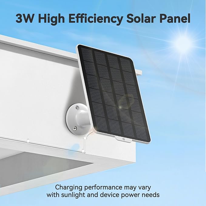 3W Solar Panel for Battery-Powered Security Cameras,USB-C & Micro USB Solar Charger for Wireless Outdoor Cameras,IP65 Waterproof, 9.8ft Cable, 360° Adjustable Mount (White, 1 Pack)