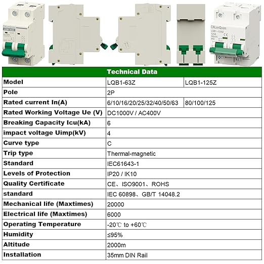 DC Miniature Circuit Breaker 32 Amp Solar Disconnect Switch DC1000V AC400V 2P MCB for PV, UPS, RV Battery, DIN Rail Mount