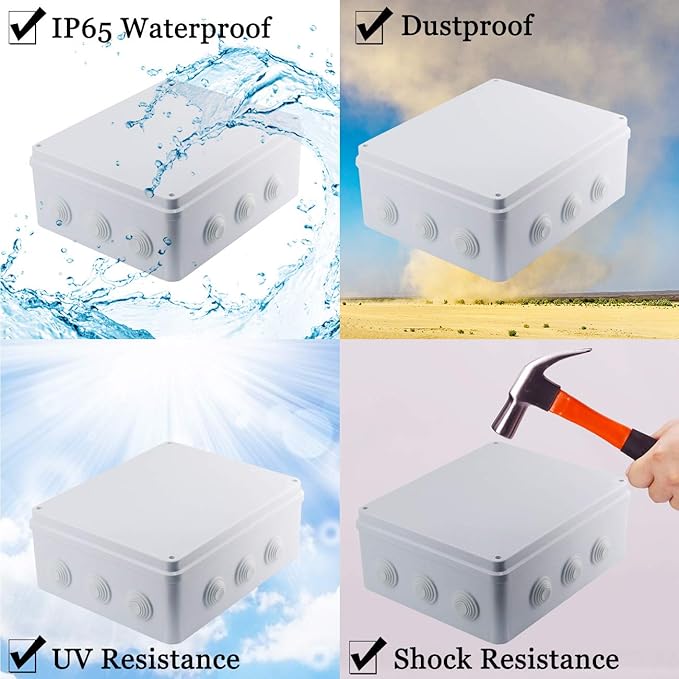 Sunnyglade ABS Plastic Electrical Junction Box IP65 Waterproof Universal Outlet Box Durable Outdoor Electrical Gang Box White （11.8 x 9.8 x 4.7 inch）