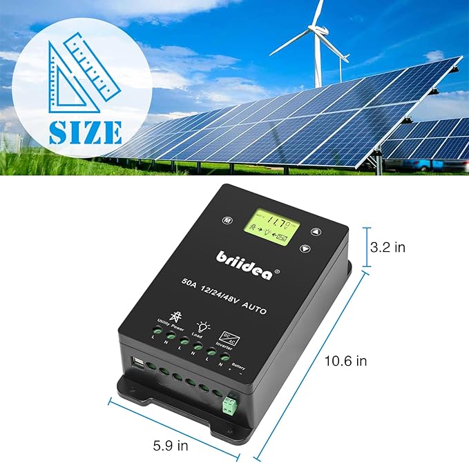briidea Automatic Transfer Switch, 50A 5500 Watt ATS Dual Power Controller for Off Grid Solar Wind Systems DC 12V 24V 48V AC 110V 220V, Black
