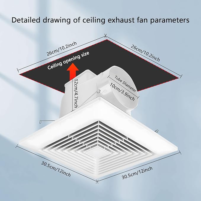 Bathroom Exhaust Fan for Ceiling,Household Bath Vent Ventilation Fan,110 CFM,4-in Duct,1.0 Sones Quiet Operation,13W Energy-Saving 12" Plastic Panel Shower Vent Extractor,10"x10" Mounting Hole