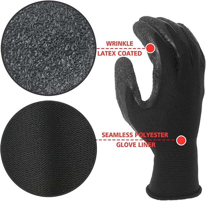 Evridwear Crinkle Latex Rubber Hand Coated Safety Work Gloves for Men Women General Multi Use Construction Warehouse Gardening Assembly Landscaping,Black X-small 12 Pairs Pack