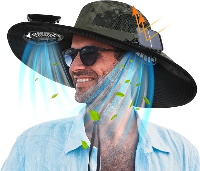 Berlune Men Sun Hat with 2 Solar Fans Wide Brim Outdoor Fishing Hat USB & Solar Powered for Sun Protection Camping Hiking