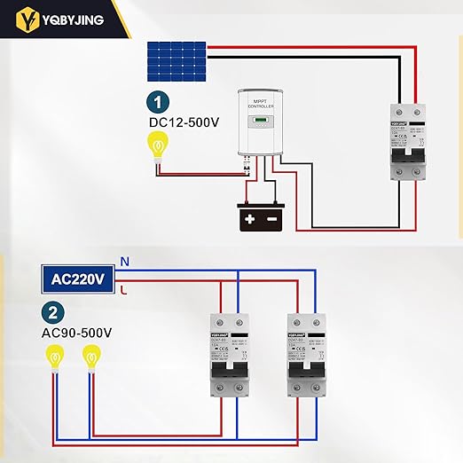 DC Circuit Breaker 10 Amp Solar Panel Disconnect Switch 12V-500V 2 Poles Miniature Solar Circuit Breaker for Outdoor PV Homes Battery, AC 110V DIN Rail MCB
