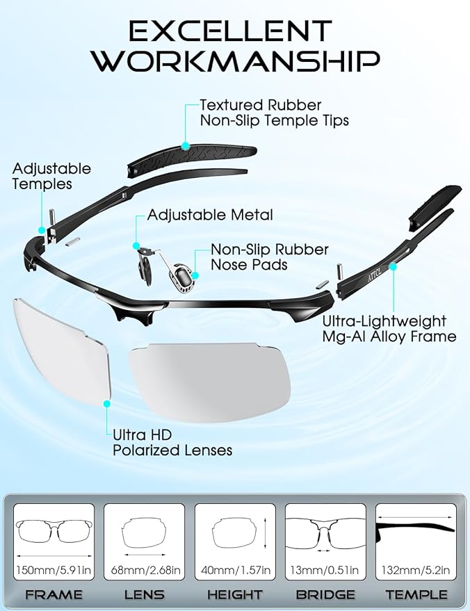 ATTCL Polarized Sunglasses Men Sports: UV Protection Anti Glare Wrap Around Lightweight Metal Driving Fishing Golf Running