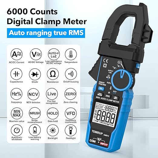 Digital Inrush Clamp Meter Multimeter, TEMIRUP T-RMS 6000 Counts 600A Current Amp Volt Meter with VFD,LOZ Mode; Measures NCV AC/DC Current Voltage Temperature Resistance Capacitance Continuity