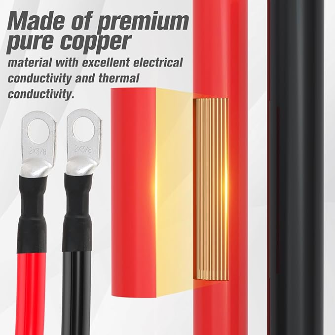 2 AWG Battery Cable 2AWG Gauge Battery Inverter Cables for Automotive Solar Marine Boat RV Car Motorcycle (2 AWG, 5FT, 3/8")