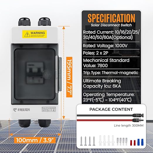 Solar Panels Disconnect Switch 100A 1000VDC PV Shut Off Switch Outdoor 1 in 1 Out Circuit Breaker Box IP66 Waterproof UV-Proof