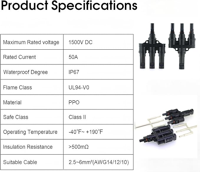 Solar Branch Connector Y-Connector, for Parallel Connection Between Solar Panels 1000V/1500V 50A, Complimentary MC-4 Wrench Assembly and Disassembly Crimping Tool, （MFFF/FMMM 1Pack